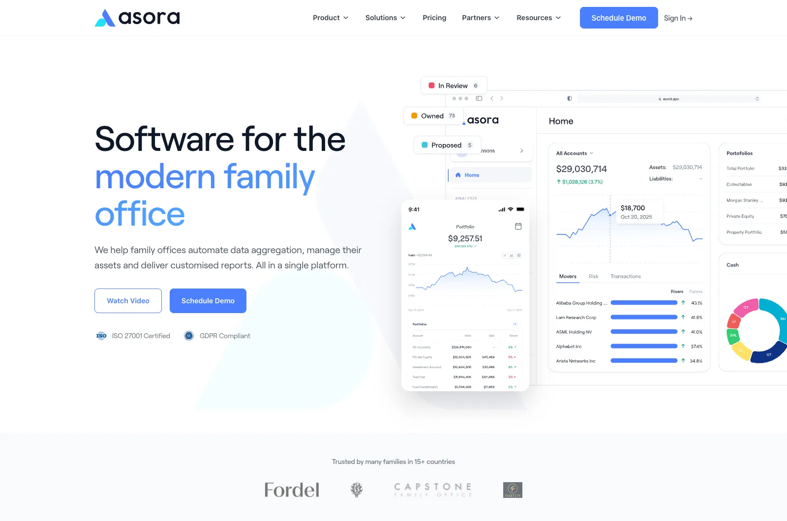 Asora homepage: family office software with portfolio dashboard and mobile app