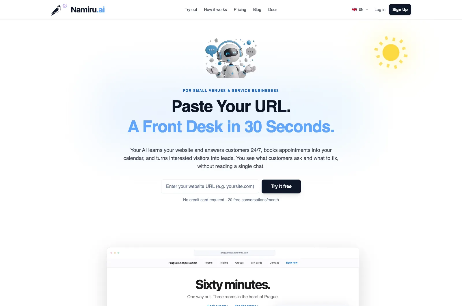 Namiru.ai homepage: paste your URL and get an AI front desk in 30 seconds