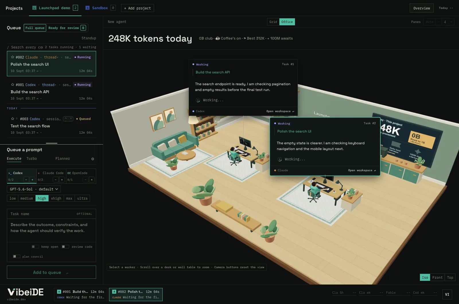 VibeIDE workspace: task queue on the left, isometric office view with two AI agents working on tasks